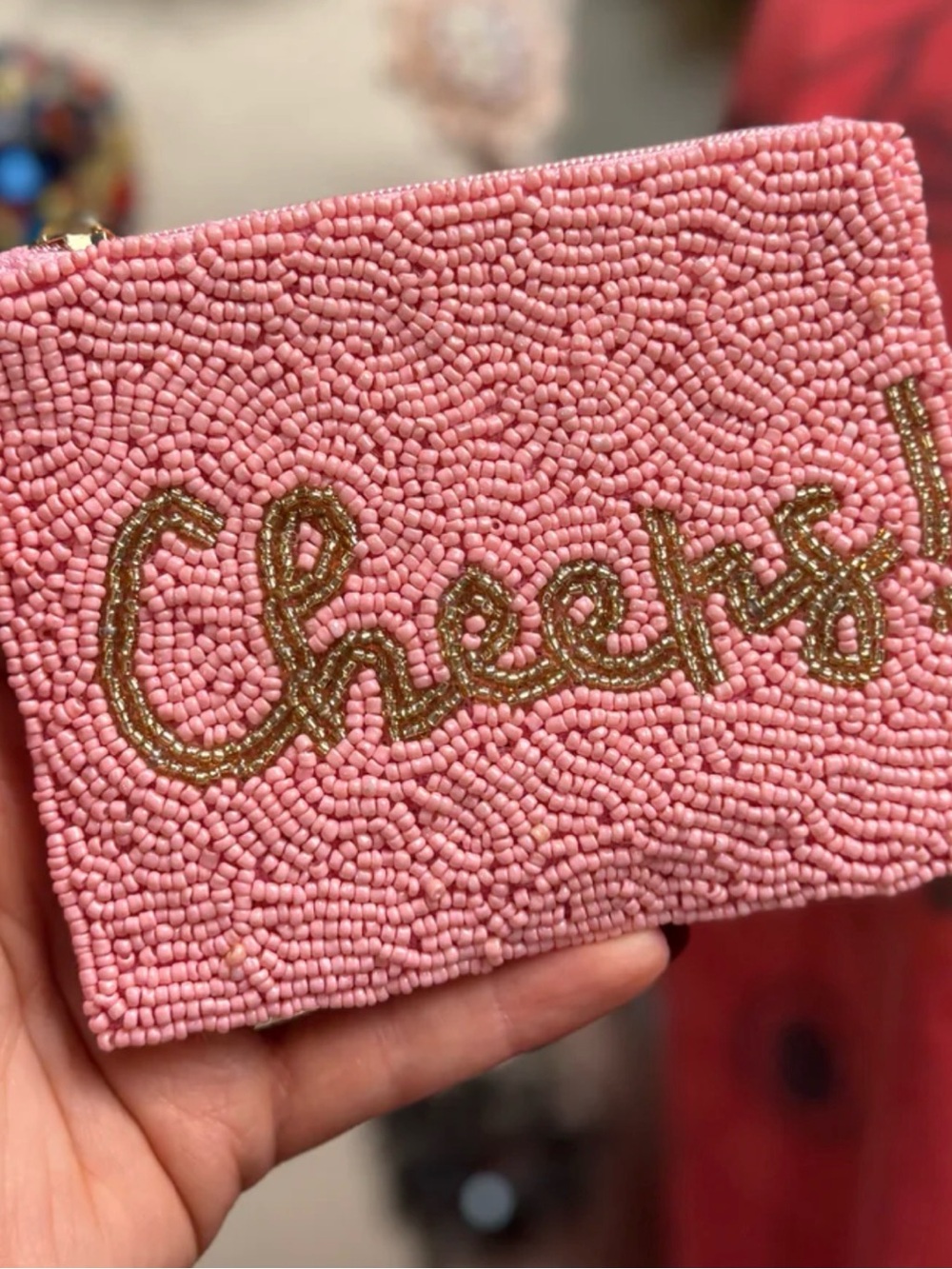 CHEERS! Pink Beaded Zip Pouch with Gold Script